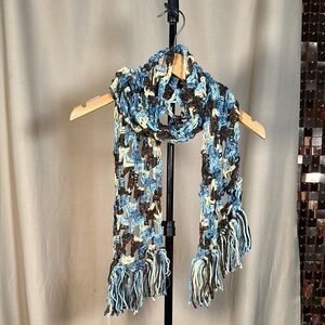 Blue Tones, Brown and Cream Tones Asymmetrical Fringe Handknit Crochet Scarf